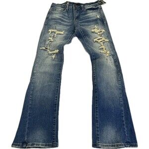 Preme Jeans Men 30x34 Blue Distressed Stacked Flare Fit Denim 5 Pockets